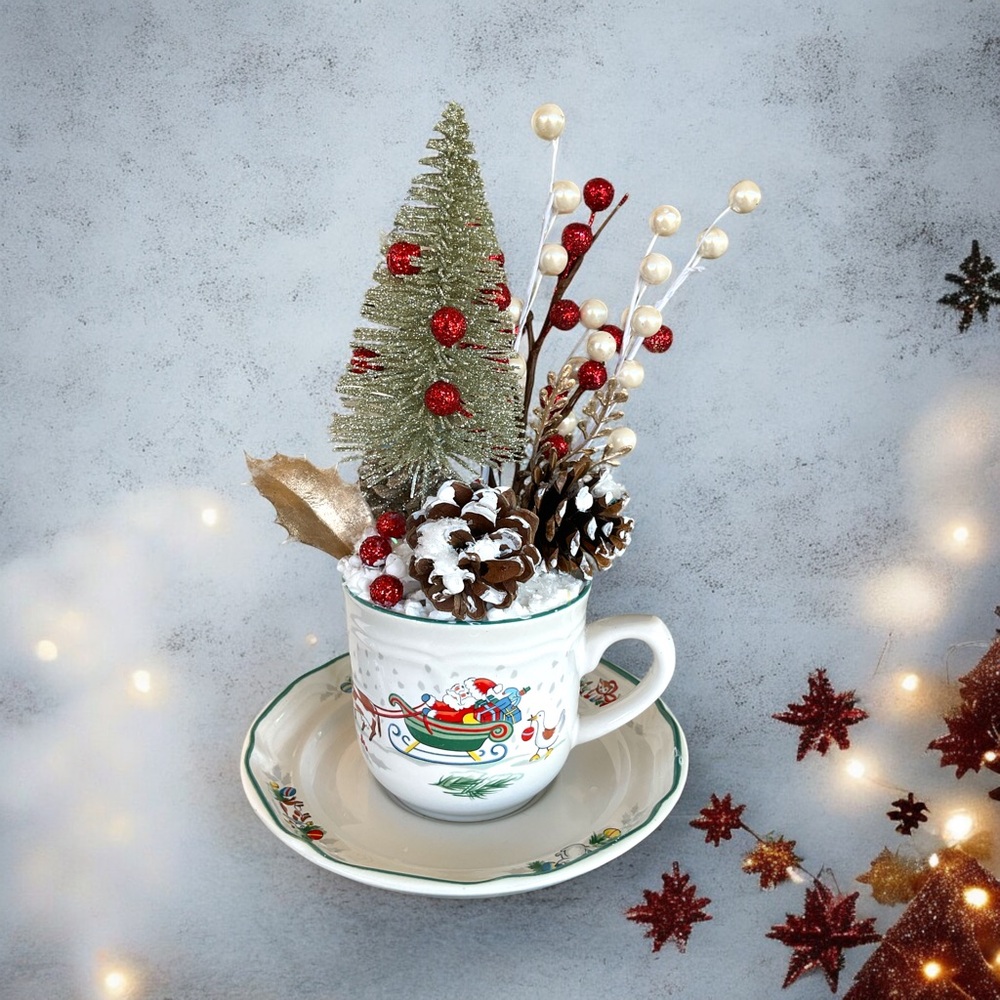Christmas Home Decor Diorama Holiday Scene in Cup & Saucer Centerpiece Gift Idea